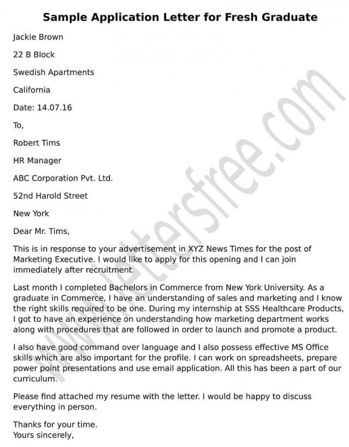 Sample Application Letter for Fresh Graduate  Free Letters