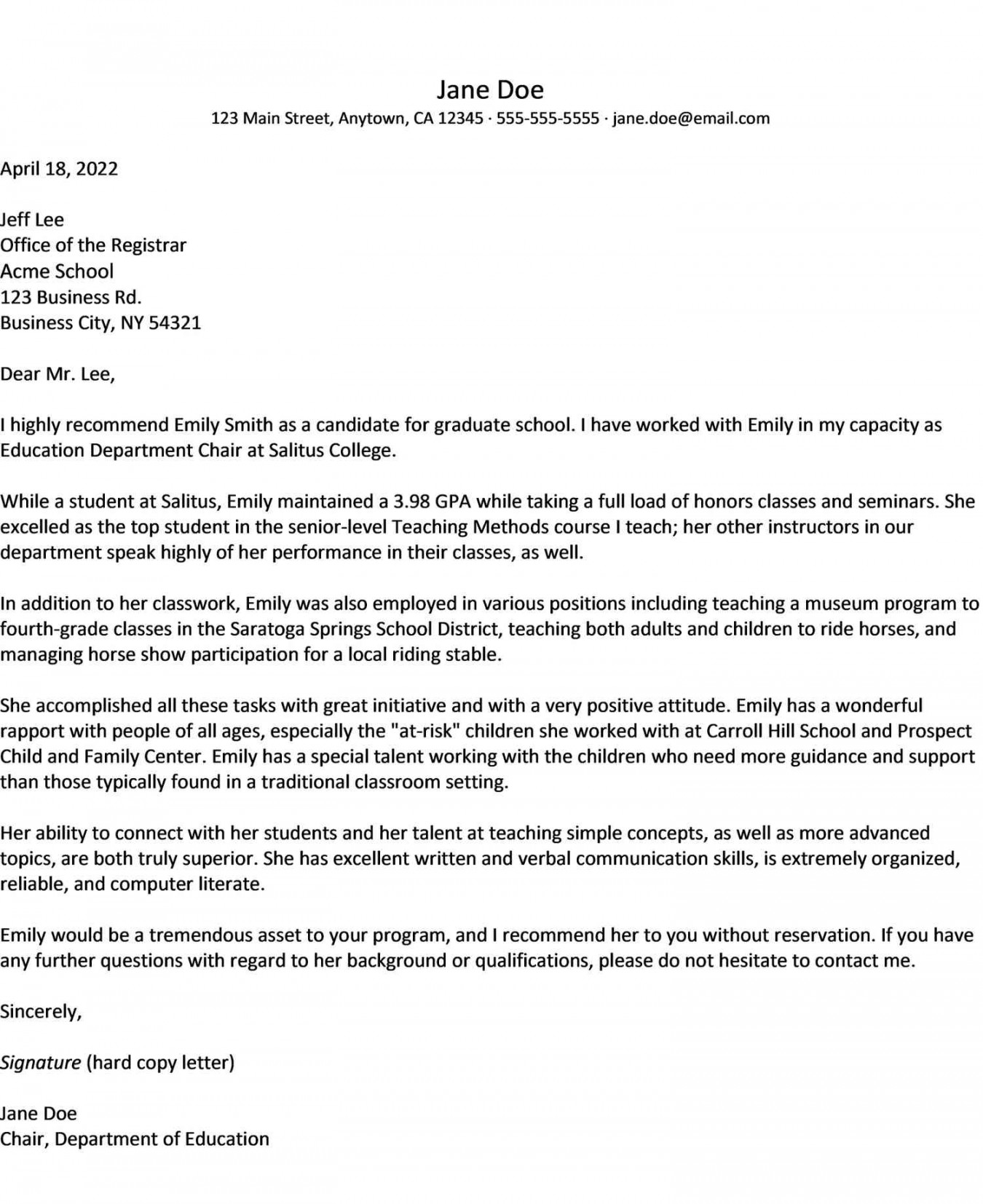 Sample Recommendation Letter for Graduate School