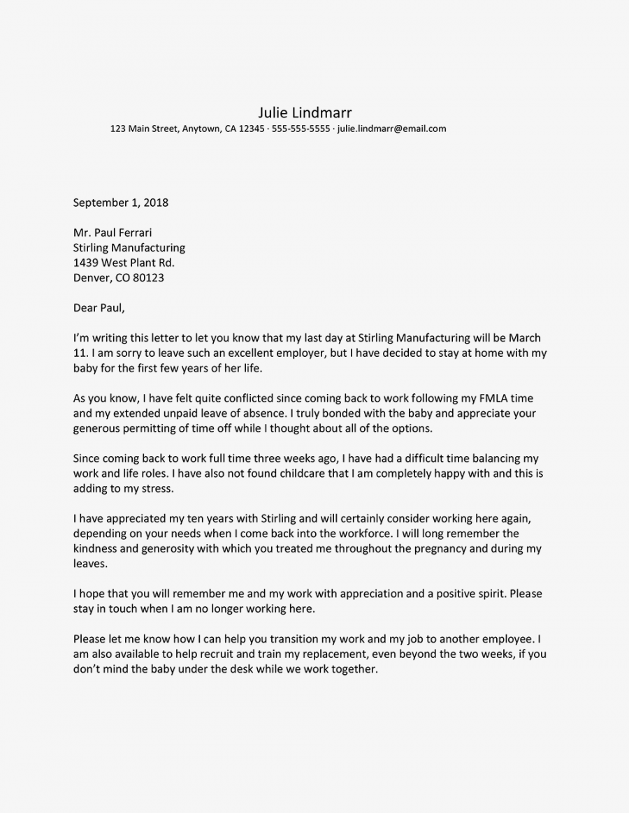 Sample Resignation Letter When Leaving to Care for Children