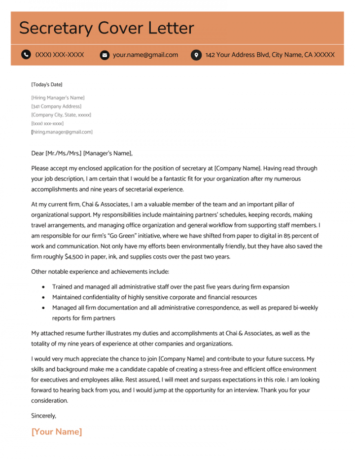 Secretary Cover Letter [Sample for Free Download]