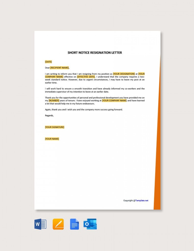 Short Notice Resignation Letter - Download in Word, Google Docs