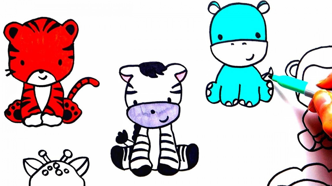 Simple Drawing Zoo Cute Animals  How To Draw Zebra Giraffe Tiger Lion  Coloring Pages