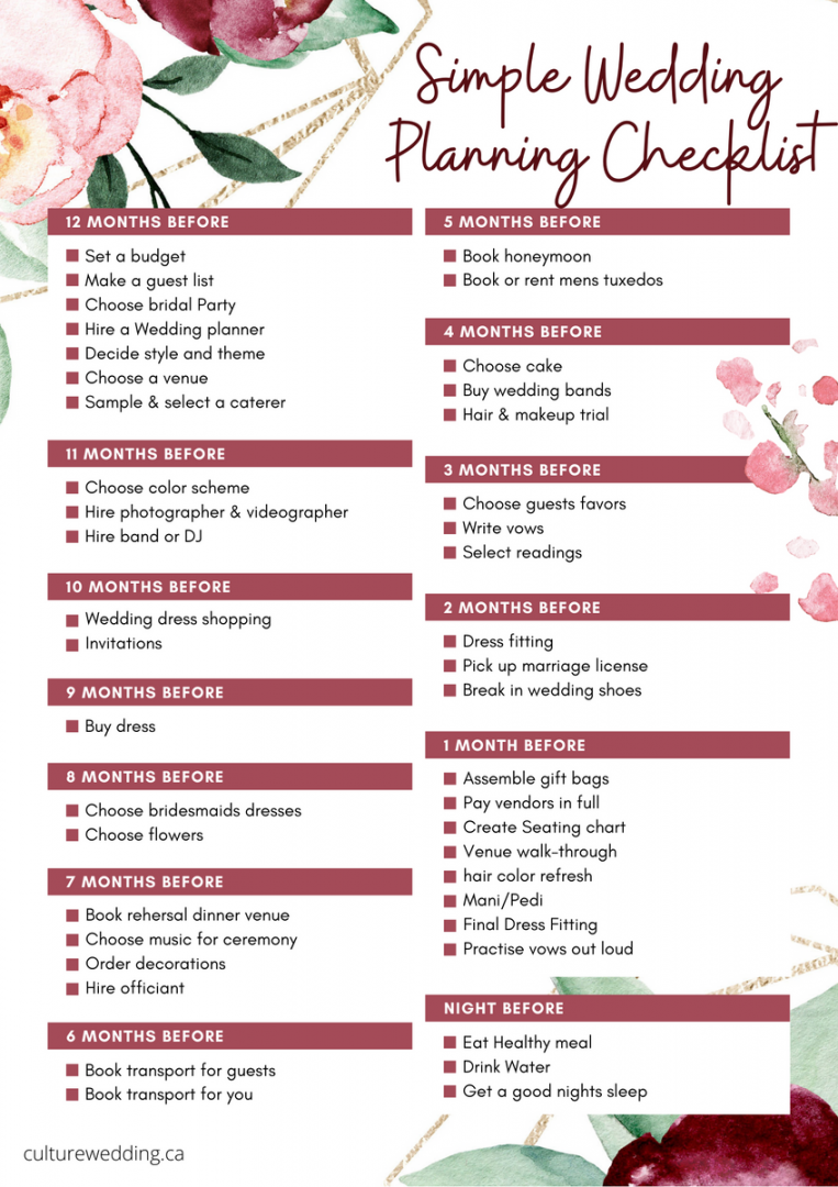 Simple Wedding Checklist Printable  Page – Culture Weddings