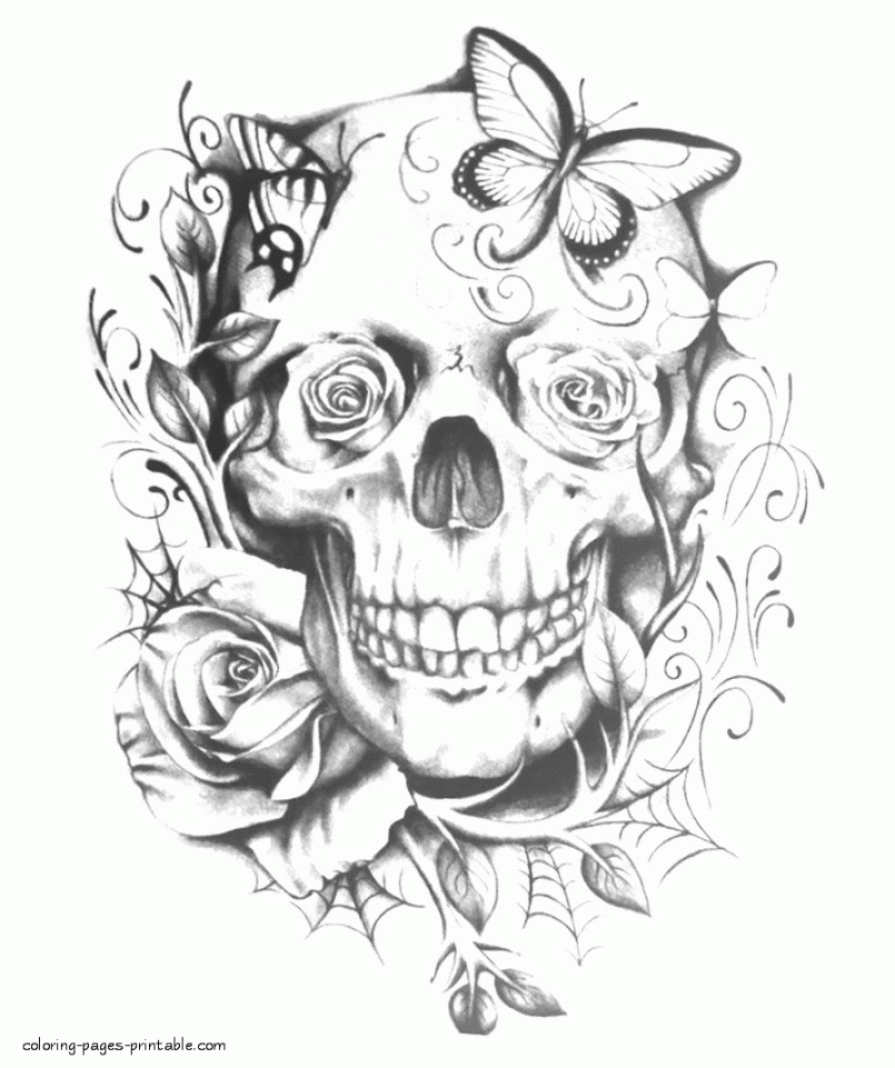 Skull, Roses And Butterflies Coloring Page  Skull coloring pages