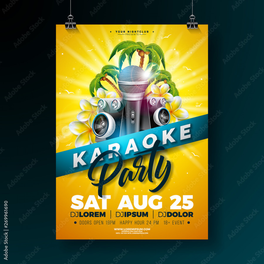 Summer Karaoke Party Flyer Design with flower, microphone, speaker