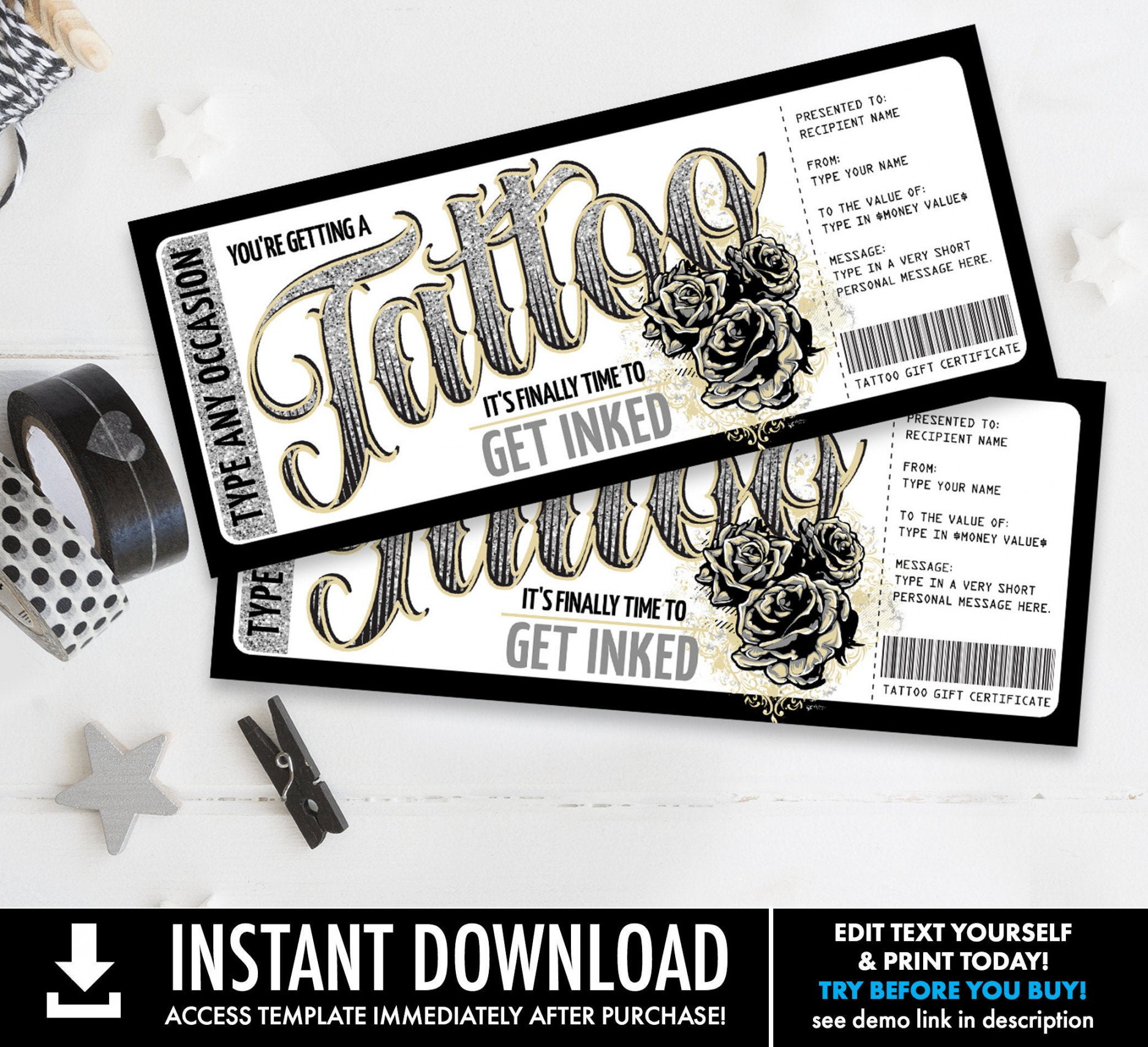 Tattoo Geschenkgutschein Rose Design Get Inked Gift Card - Etsy