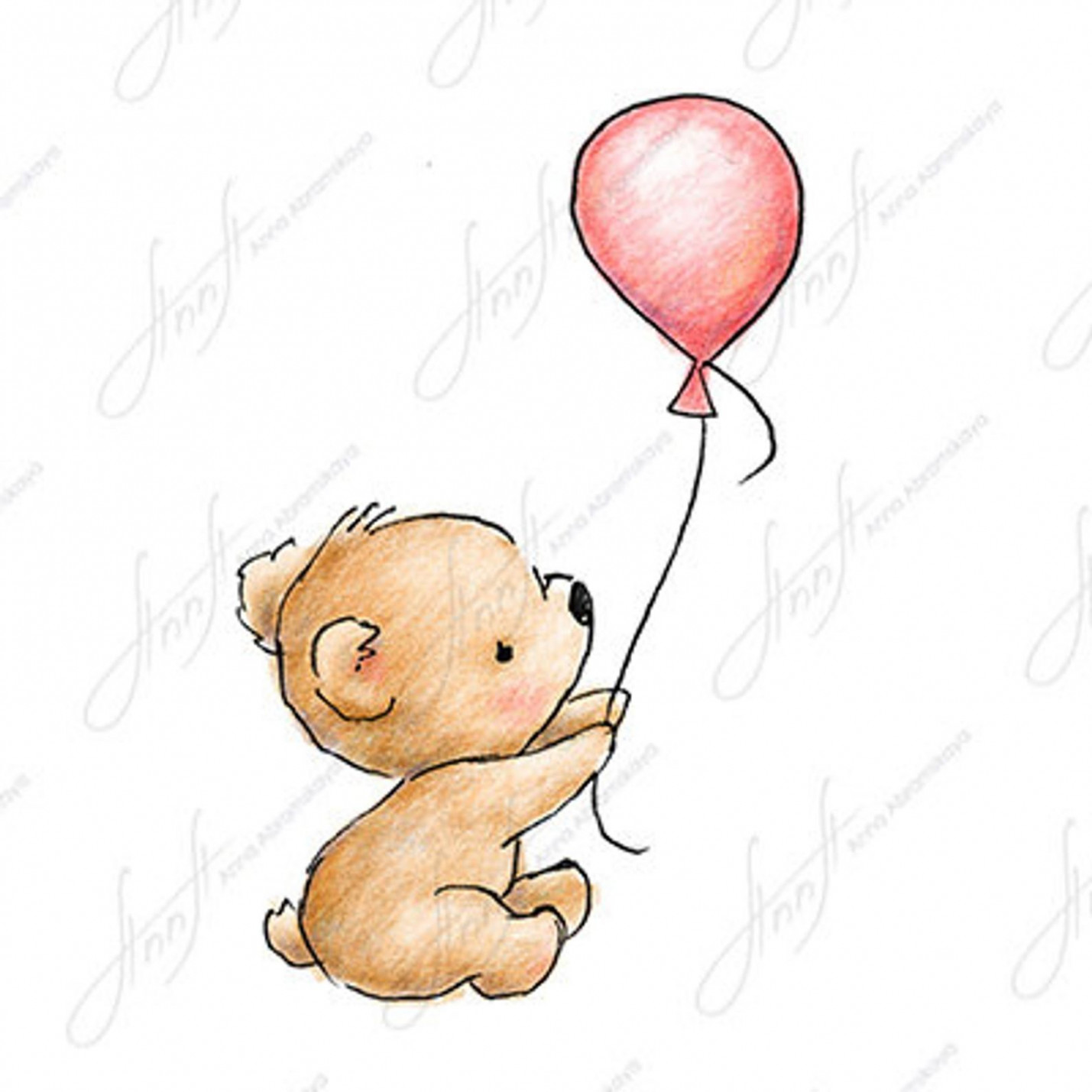 The Drawing of Cute Teddy Bear With Pink Balloon