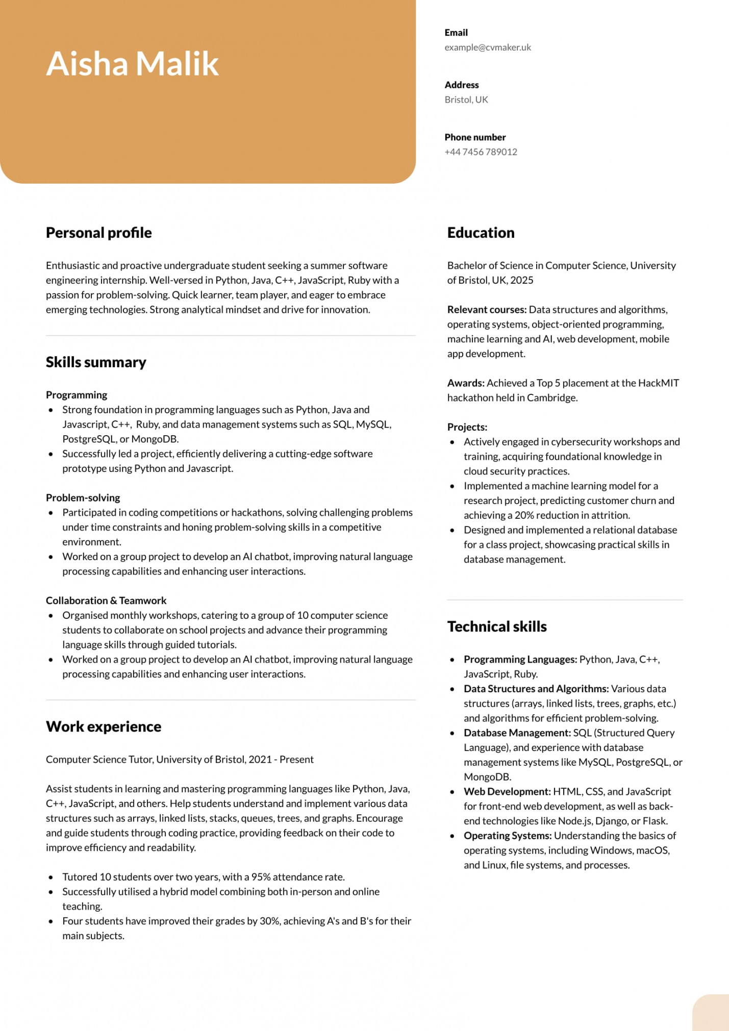 Undergraduate CV example - guide, example, and tips