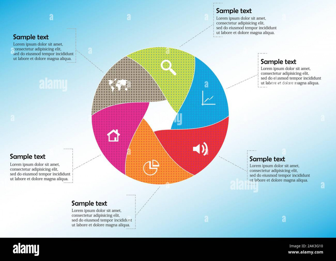 Vector infographic template with circle divided to six color parts