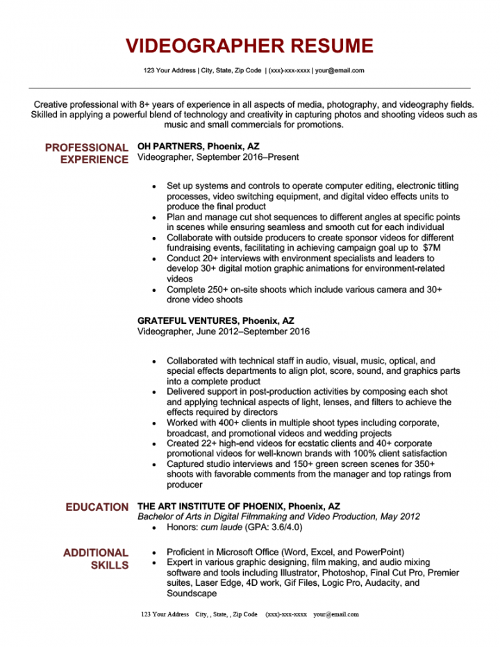 Videographer Resume (Sample & Writing Guide)  Resume Genius