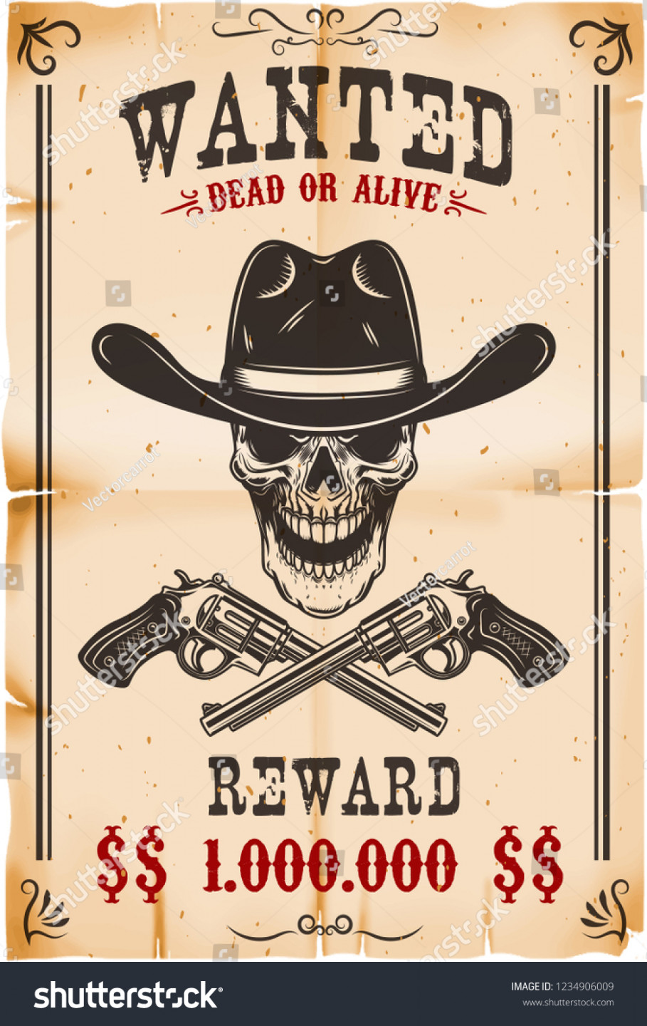 Wanted Poster Template Cowboy Skull Crossed: Stock-Vektorgrafik