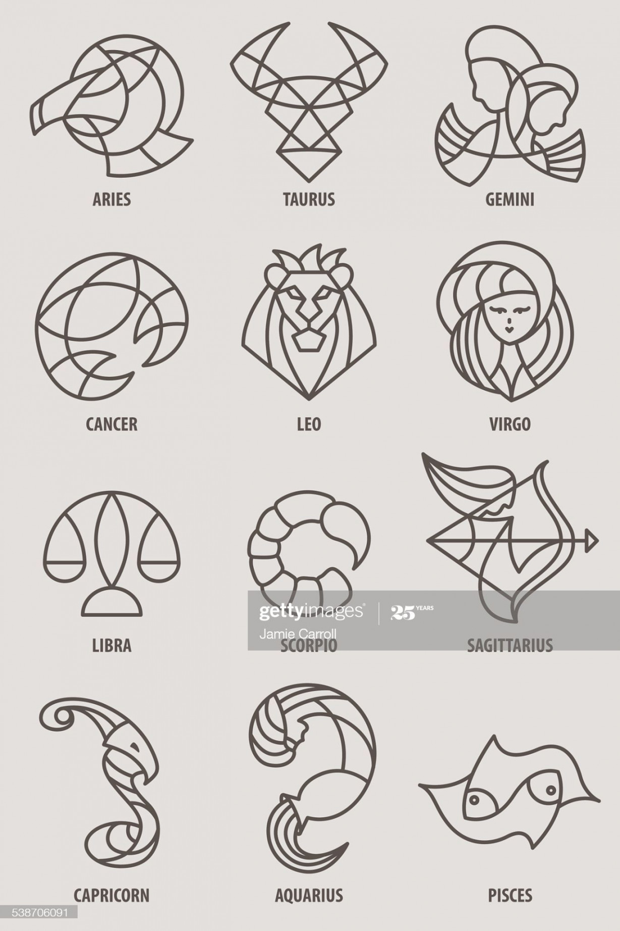 A collection of zodiac line drawings or icons