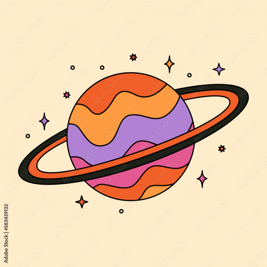 Abstract psychedelic planet with rings illustration in s and s