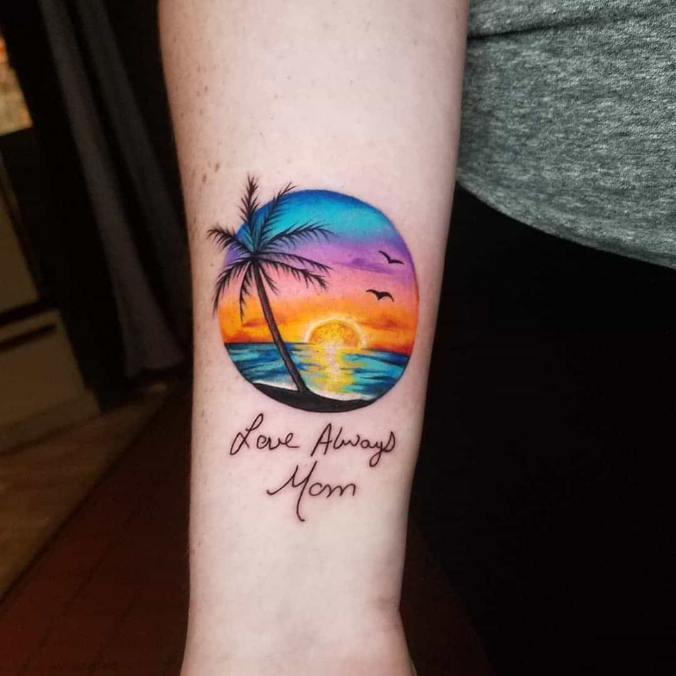 Beach tattoo, Sunset tattoos, Palm tattoos