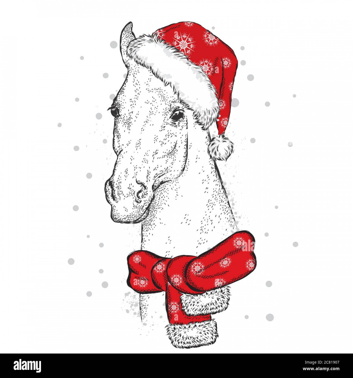 Beautiful horse in a Christmas hat and scarf