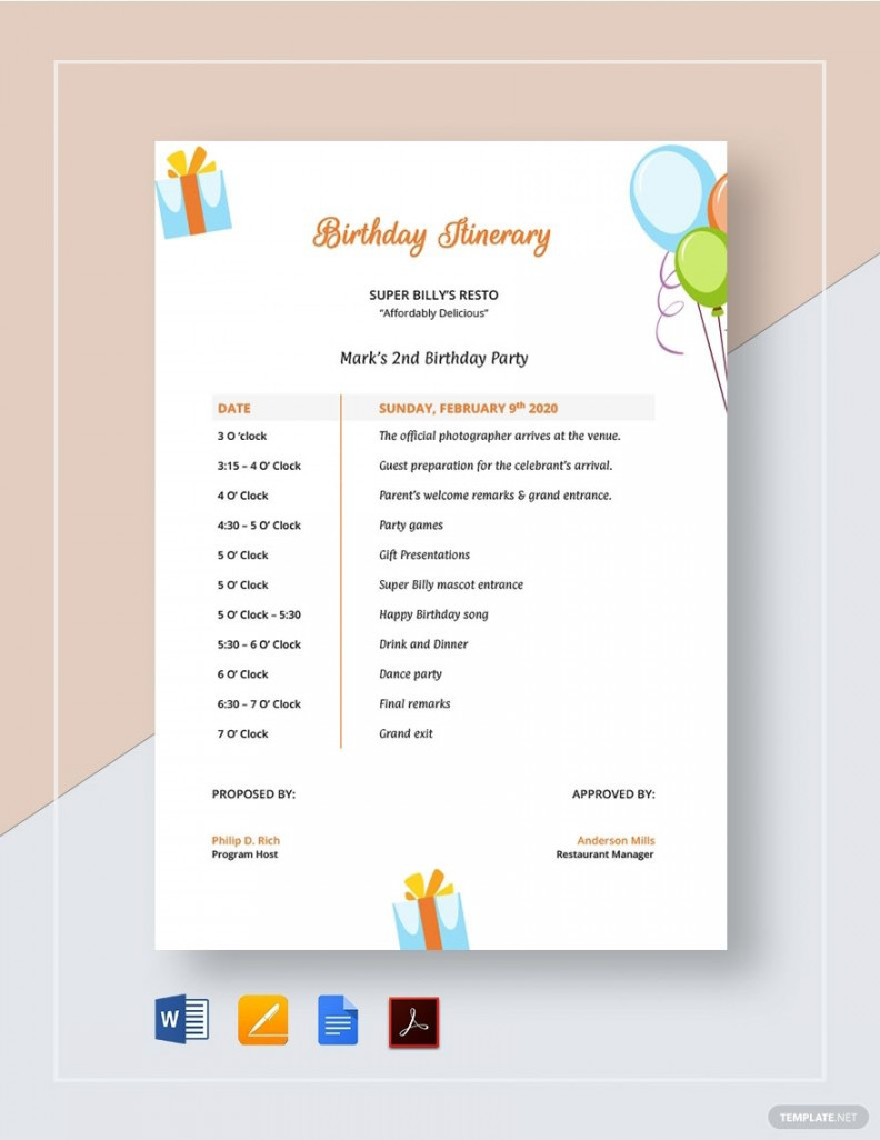 Birthday Itinerary Template - Download in Word, Google Docs