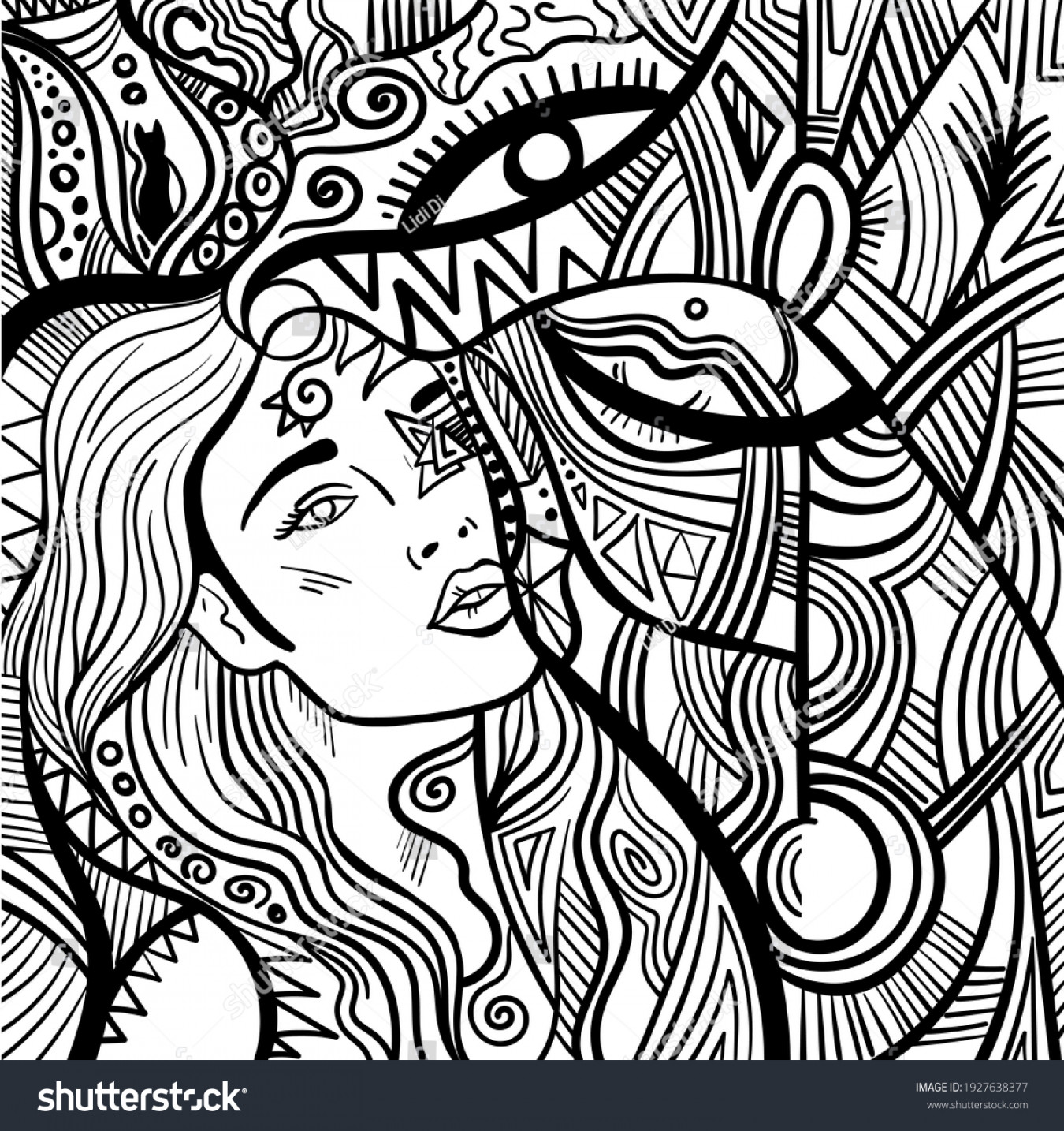 Black White Psychedelic Line Art Humans Stock Vector (Royalty Free