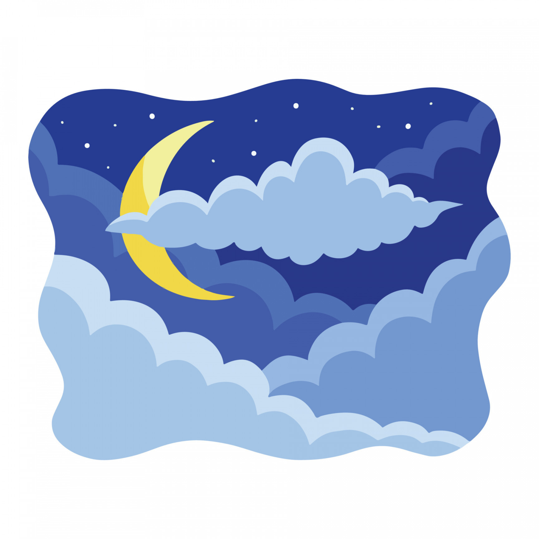 Blue Cloudy Night sky with moon, stars, and clouds vector