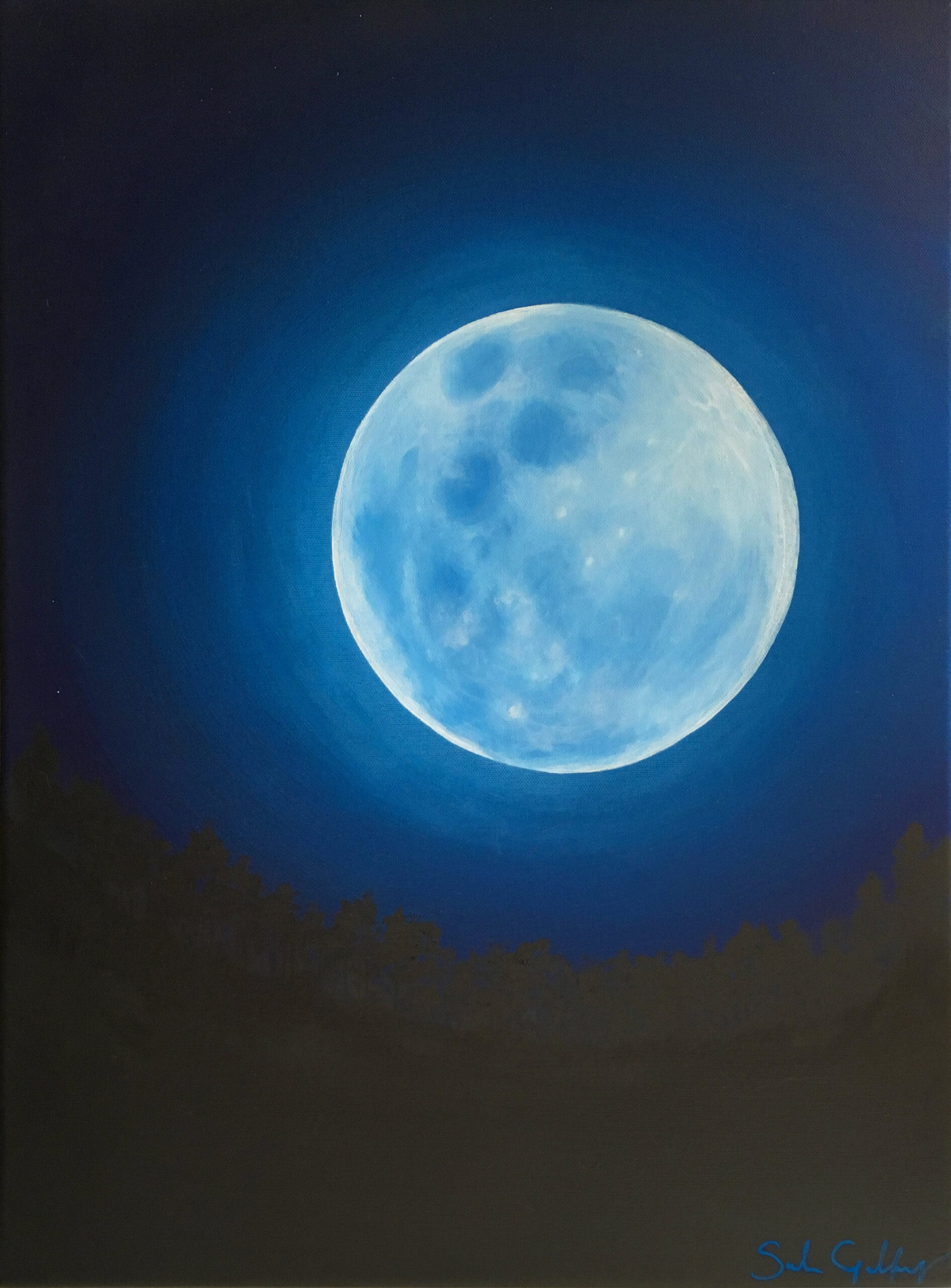 Blue Moon Painting, Celestial Art, Glowing Moon Wall Art, Bright