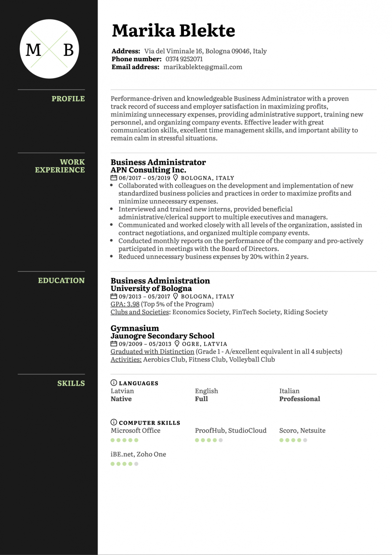 Business Administrator Resume Sample  Kickresume