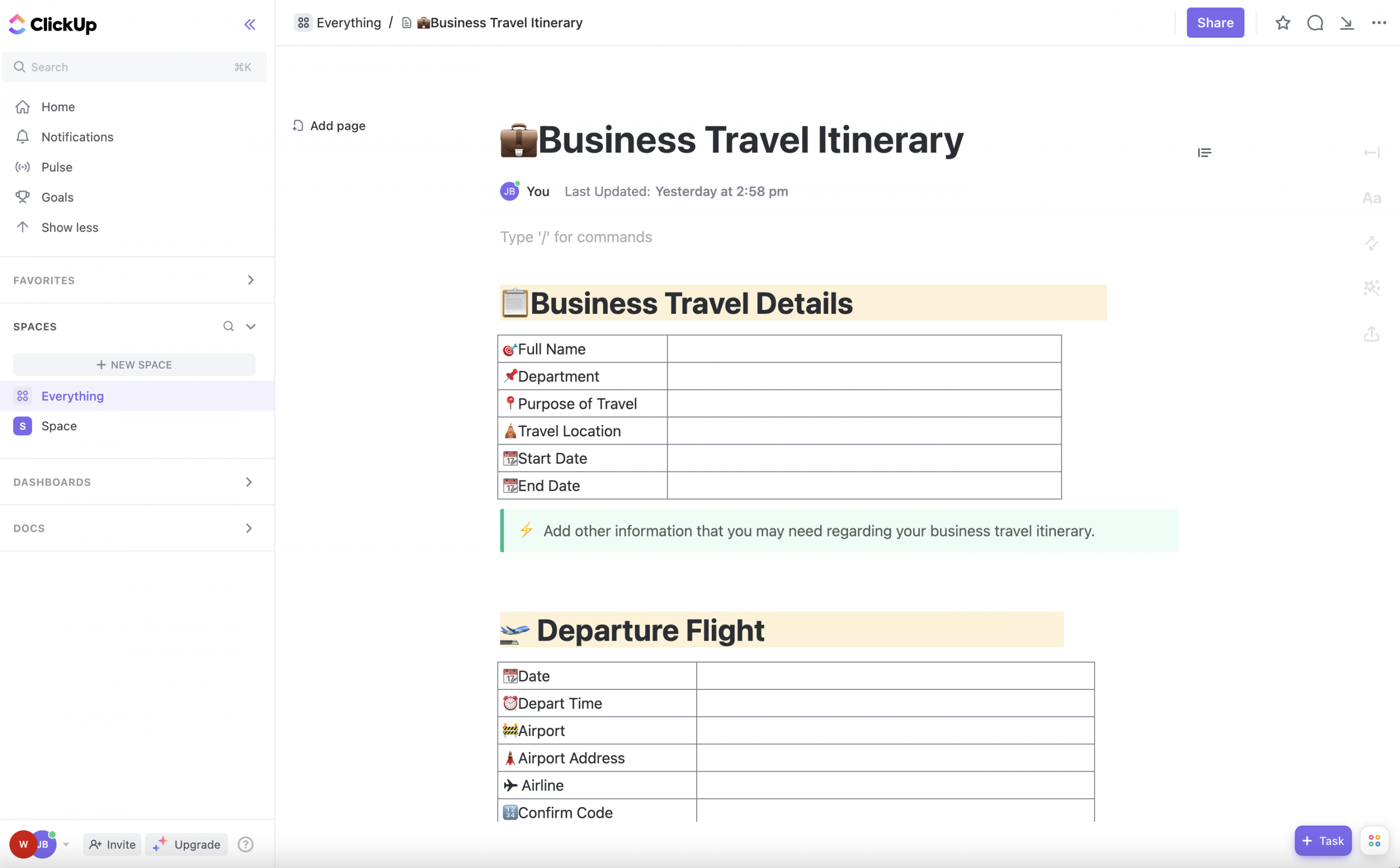 Business Travel Itinerary  Template by ClickUp™