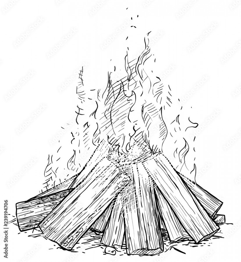 Camp fire illustration, drawing, engraving, ink, line art, vector