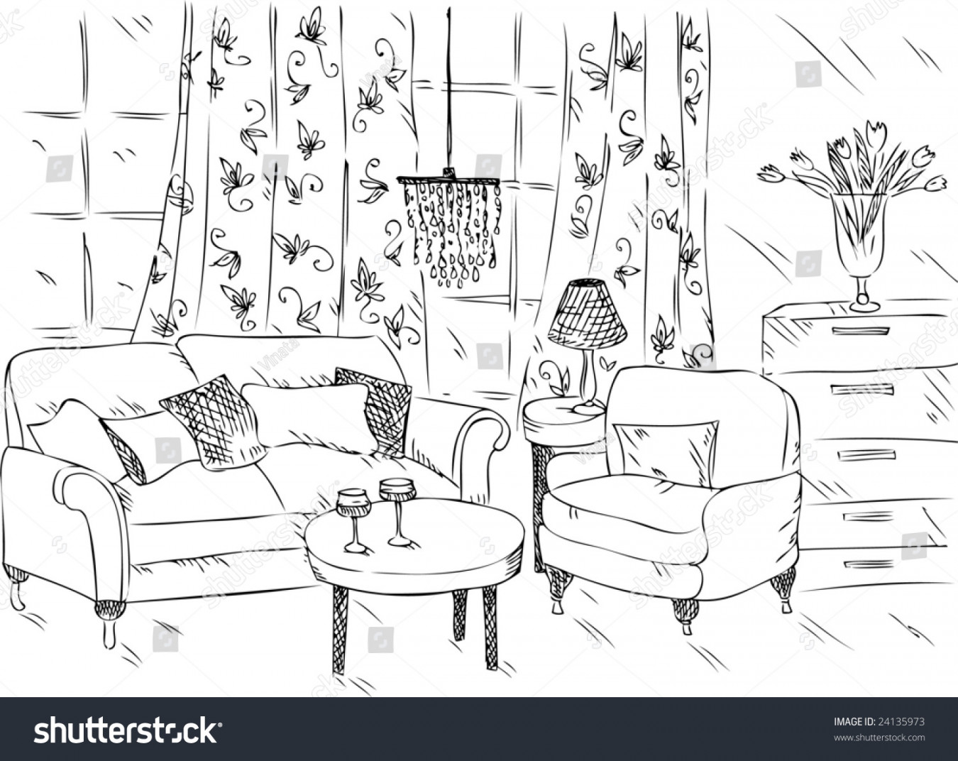 Cartoon Drawing Living Room: Stock-Vektorgrafik (Lizenzfrei