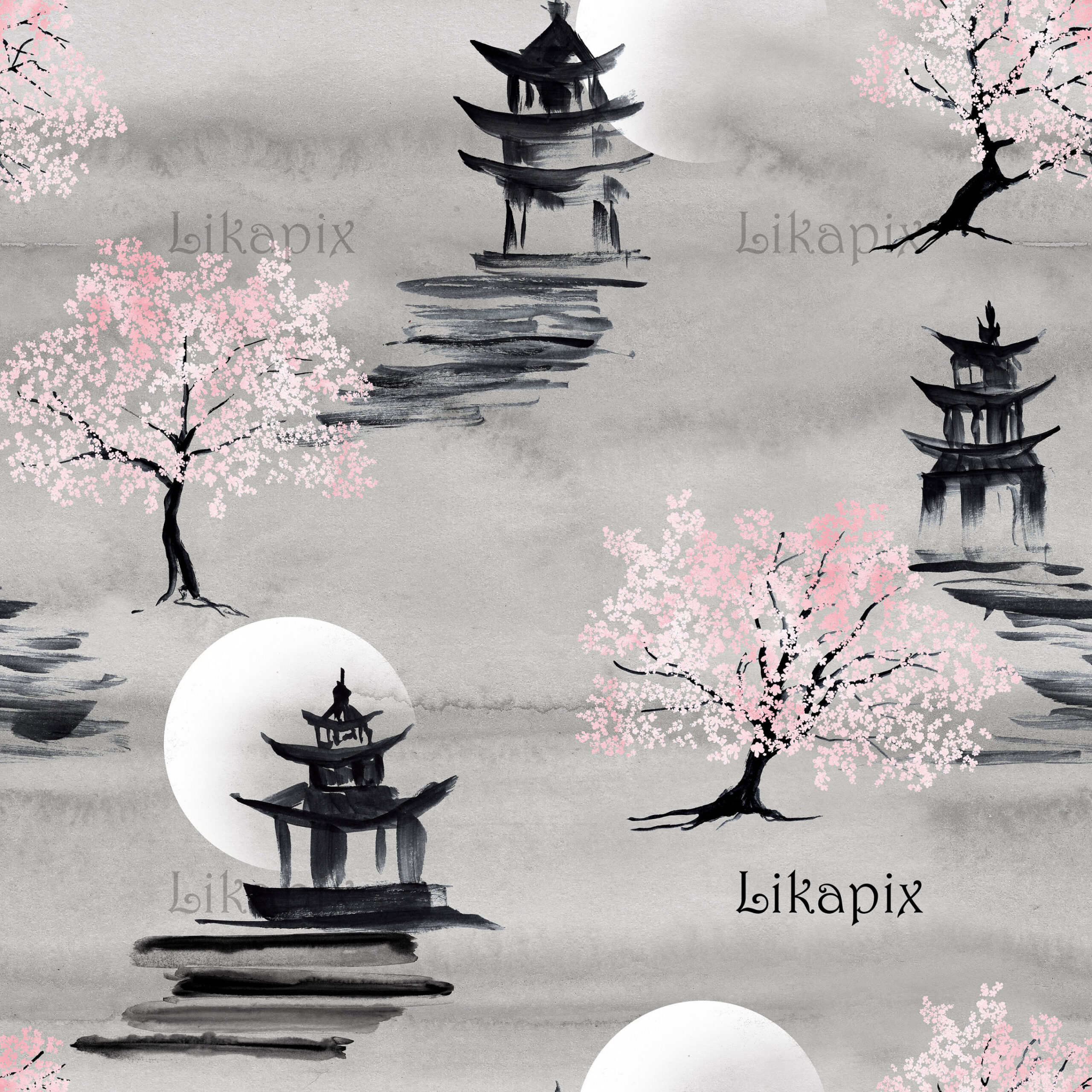 Cherry Blossom Trees, Japanese Scenery Seamless Pattern-instant