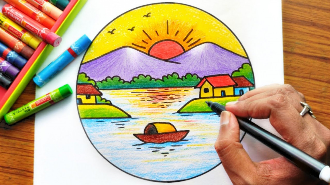 Circle Drawing Scenery Easy  Sunrise Scenery Drawing Easy  Nature Drawing