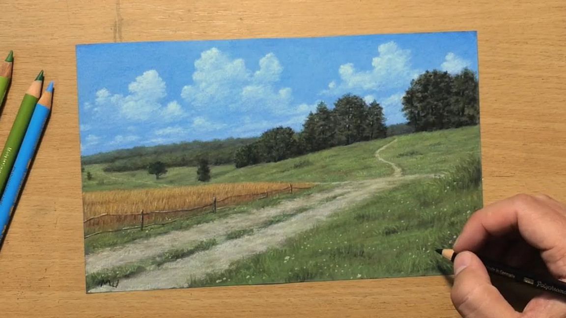 Countryside Road - Landscape Drawing in Colored Pencil