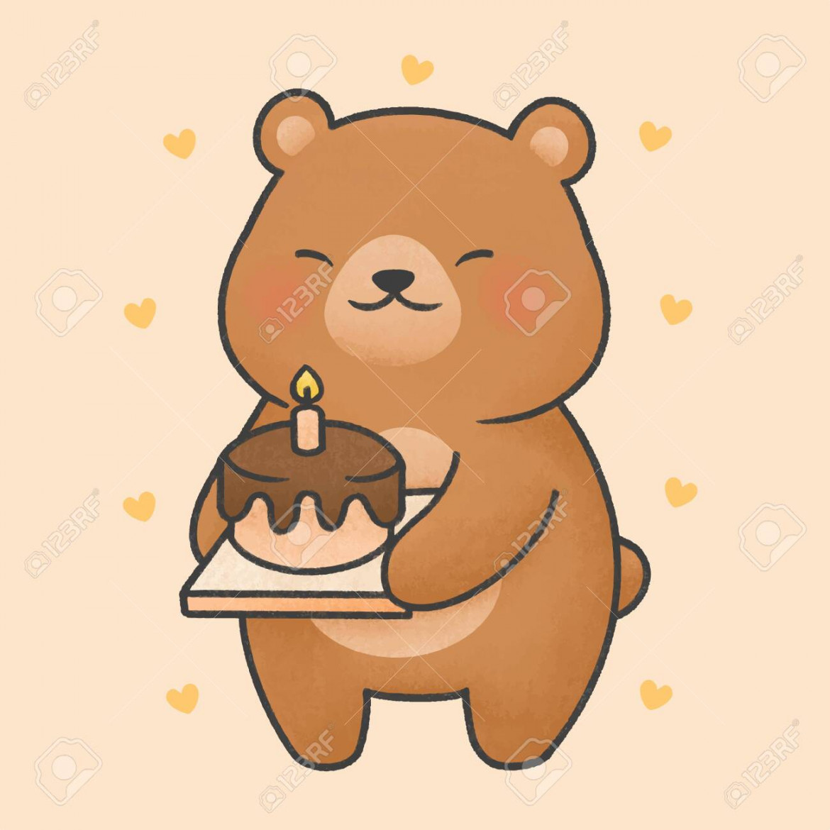 Cute Bear With Birthday Cake Hand Drawn Cartoon Animal Character