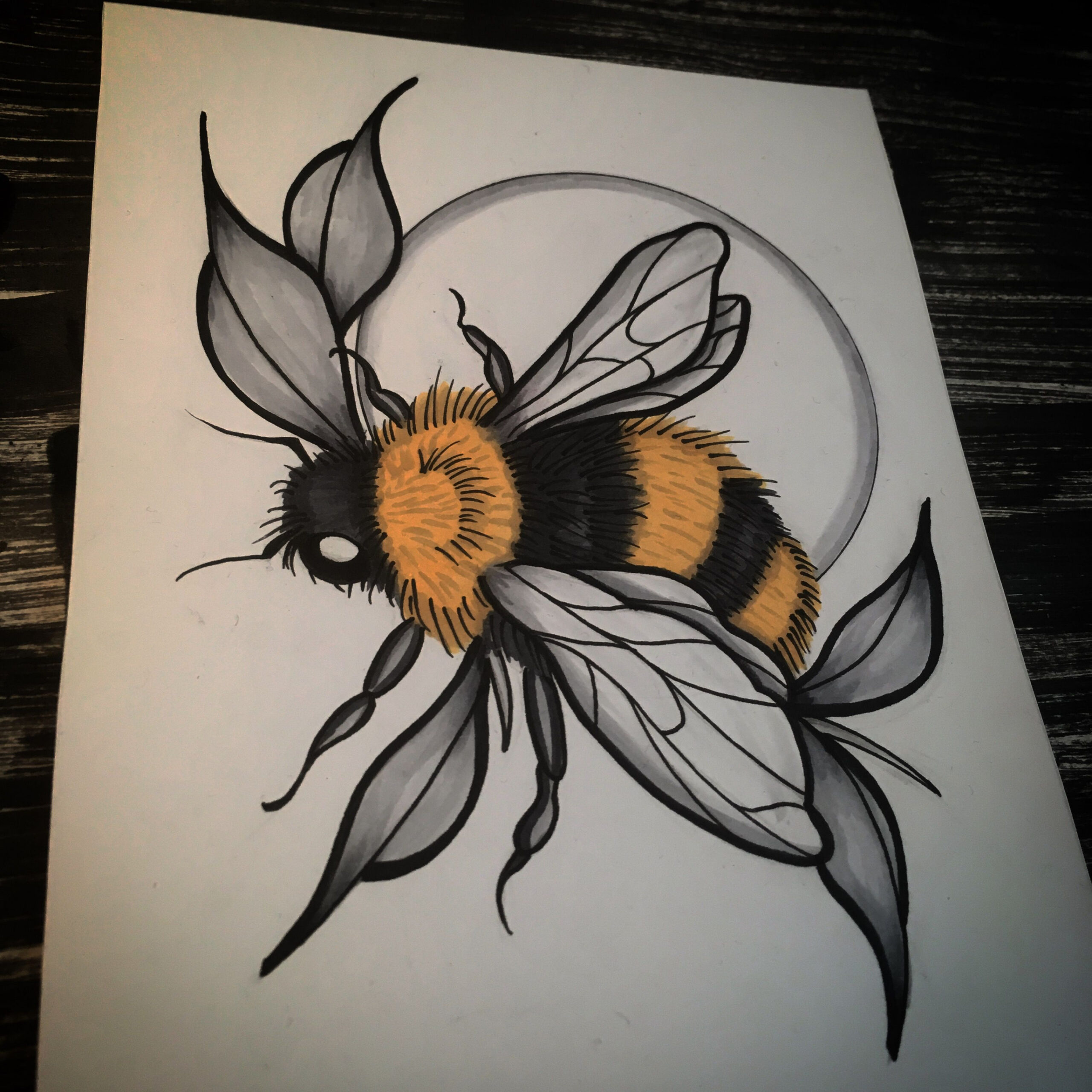 cute bumblebee and leaves neotraditional drawing with copic