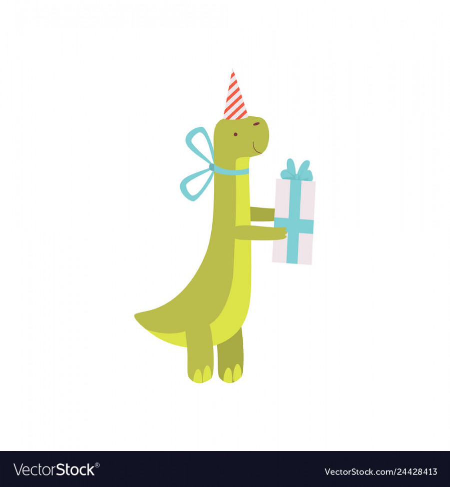 Cute dinosaur in party hat with gift box green Vector Image