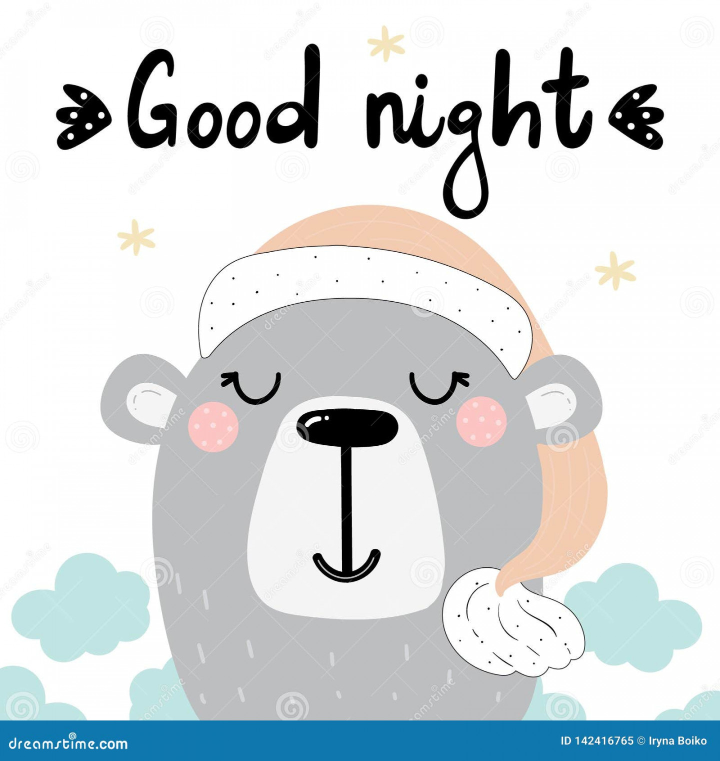 Cute Good Night Card with Hand Drawn Bear. Vector Print