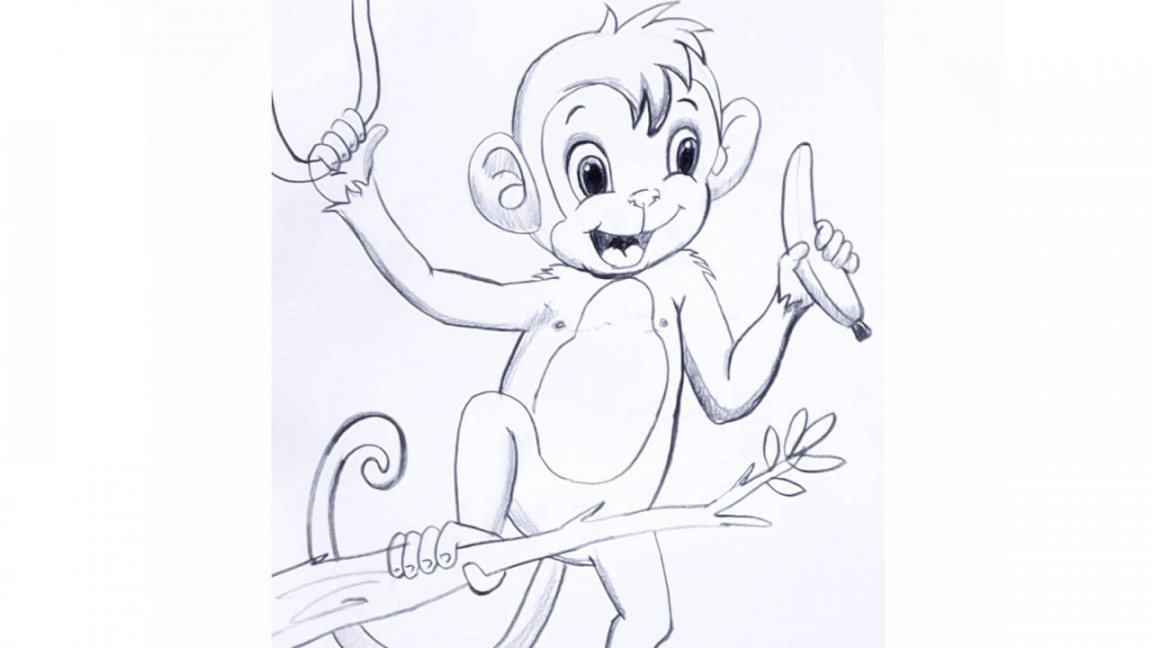 Cute Monkey eating banana pencil drawing@Taposhikidsacademy