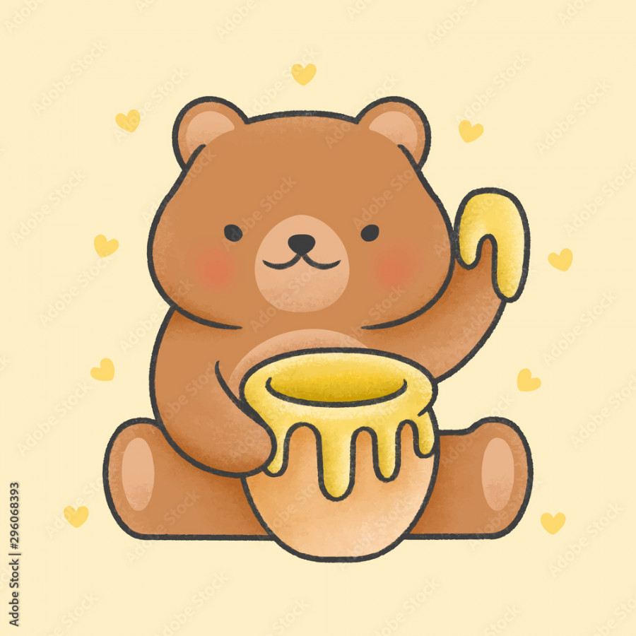 Cute teddy bear holding honey jar cartoon hand drawn style Stock