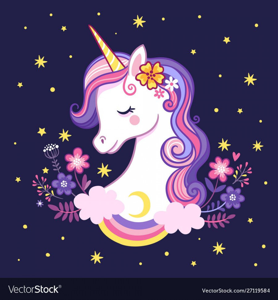 Cute unicorn on a purple background with stars and flowers