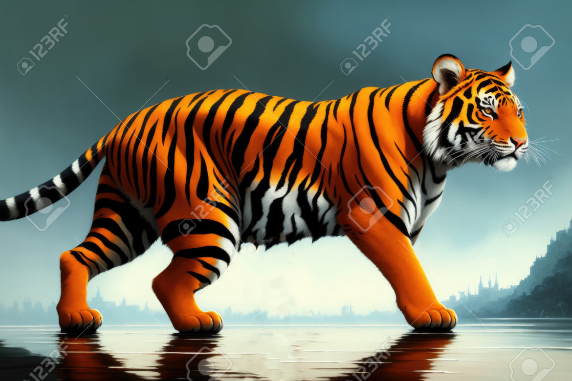 Digital Painting Of Beautiful Tiger Relaxing On Warm Day, Colorful