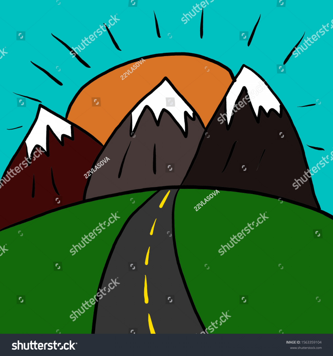 Drawing Colored Landscape Mountains Stock Illustration