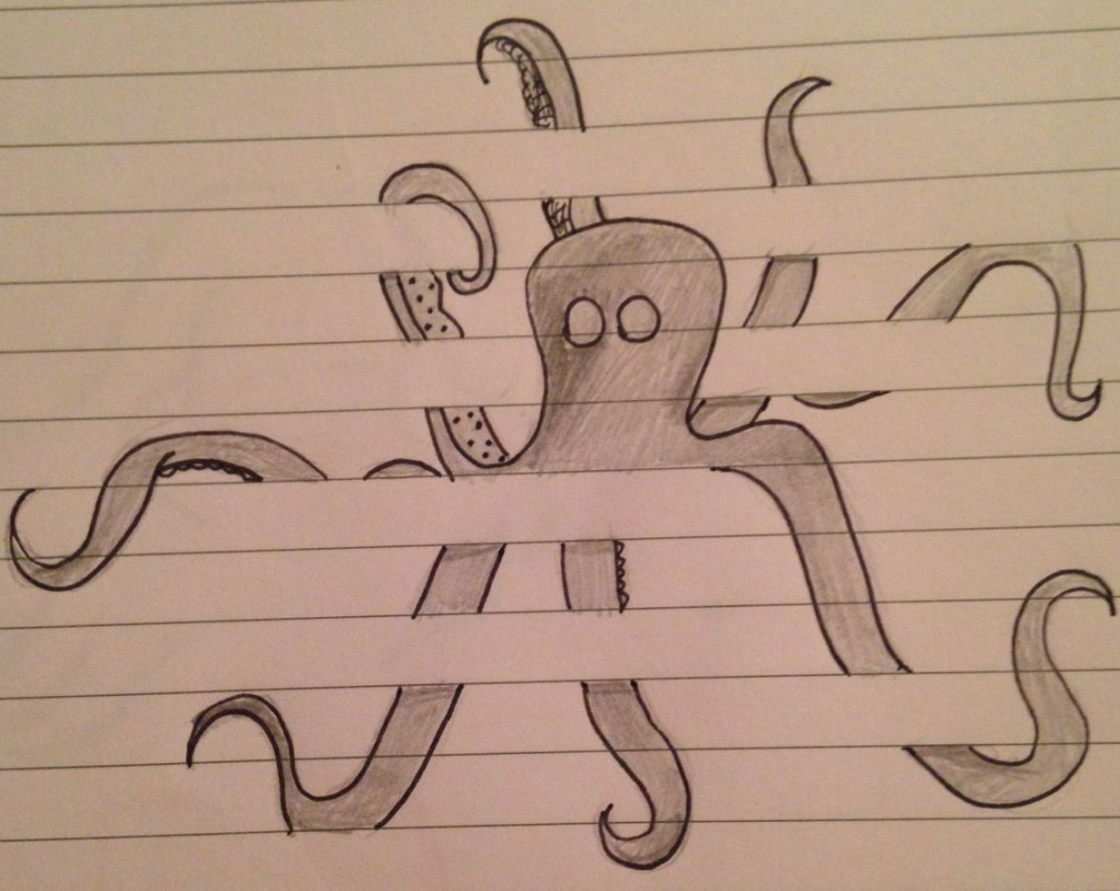 drawing sketch doodle octopus between the lines on lined paper