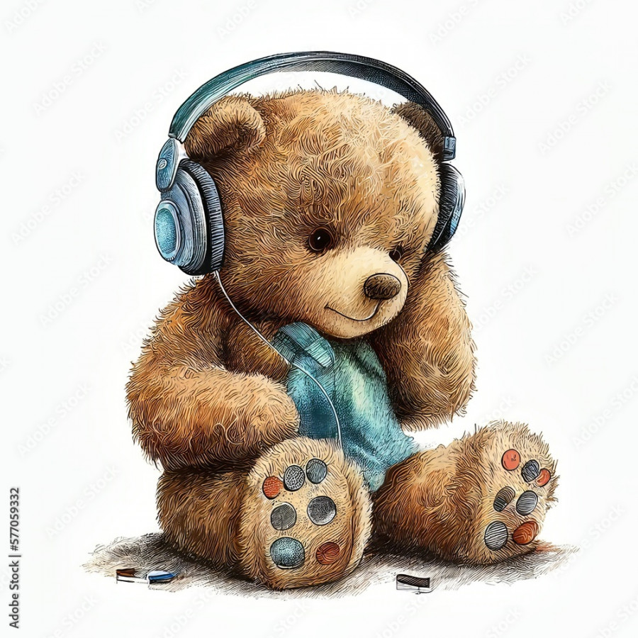 Drawing Teddy Bear Wearing Headphones Sitting Listening to Music