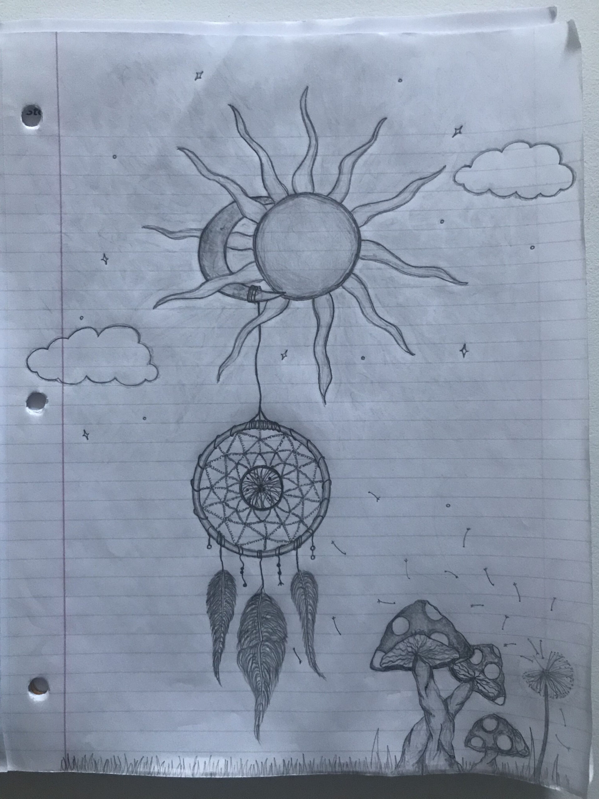 dream catcher. sun. moon. mushrooms. nature. clouds. doodles