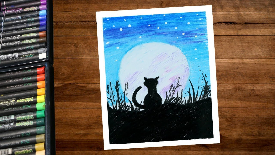 Easy Cat Moonlight Night Scenery Drawing With Oil Pastels - Step By Step