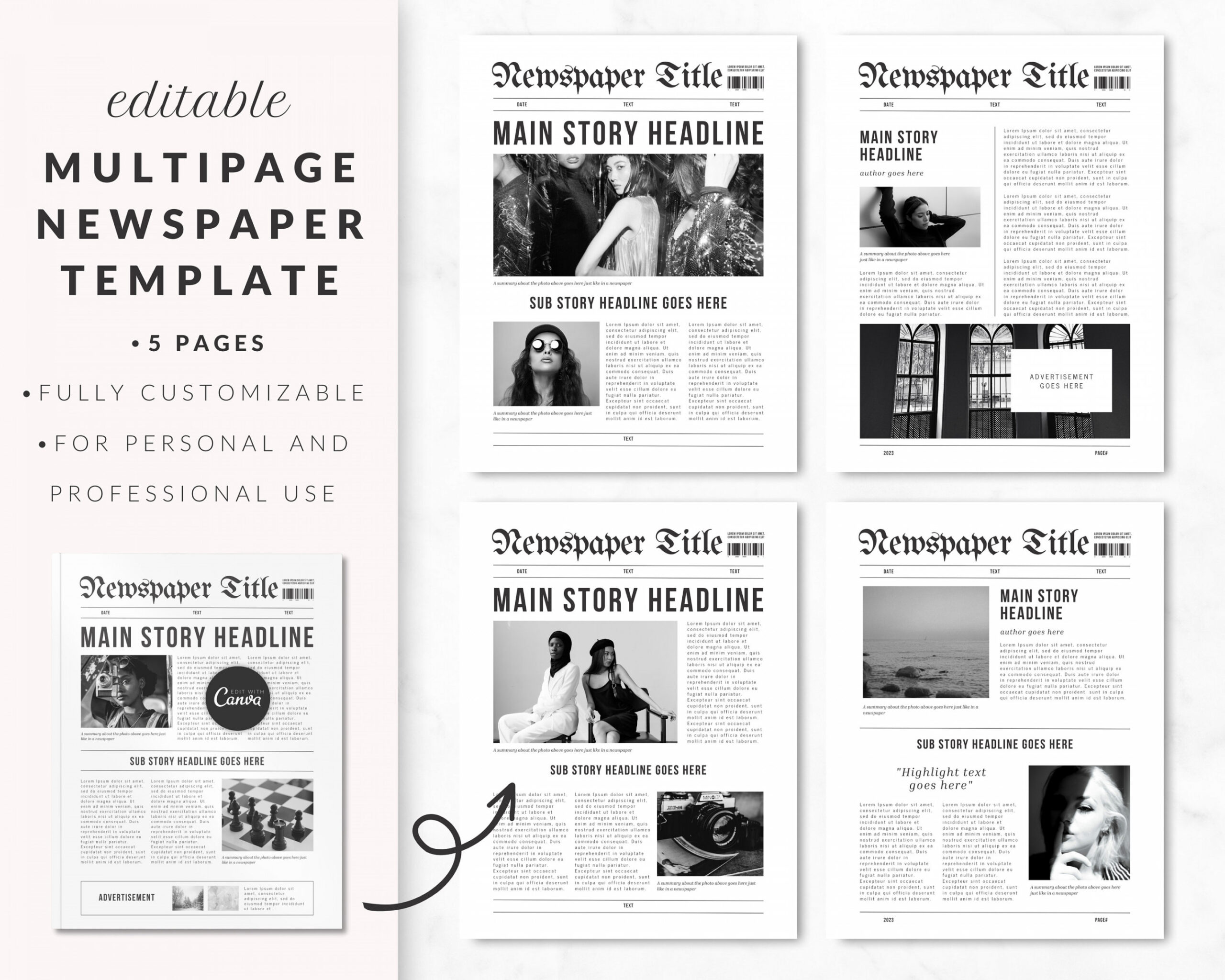 Editable Newspaper Template for Canva, Newsletter Canva Template