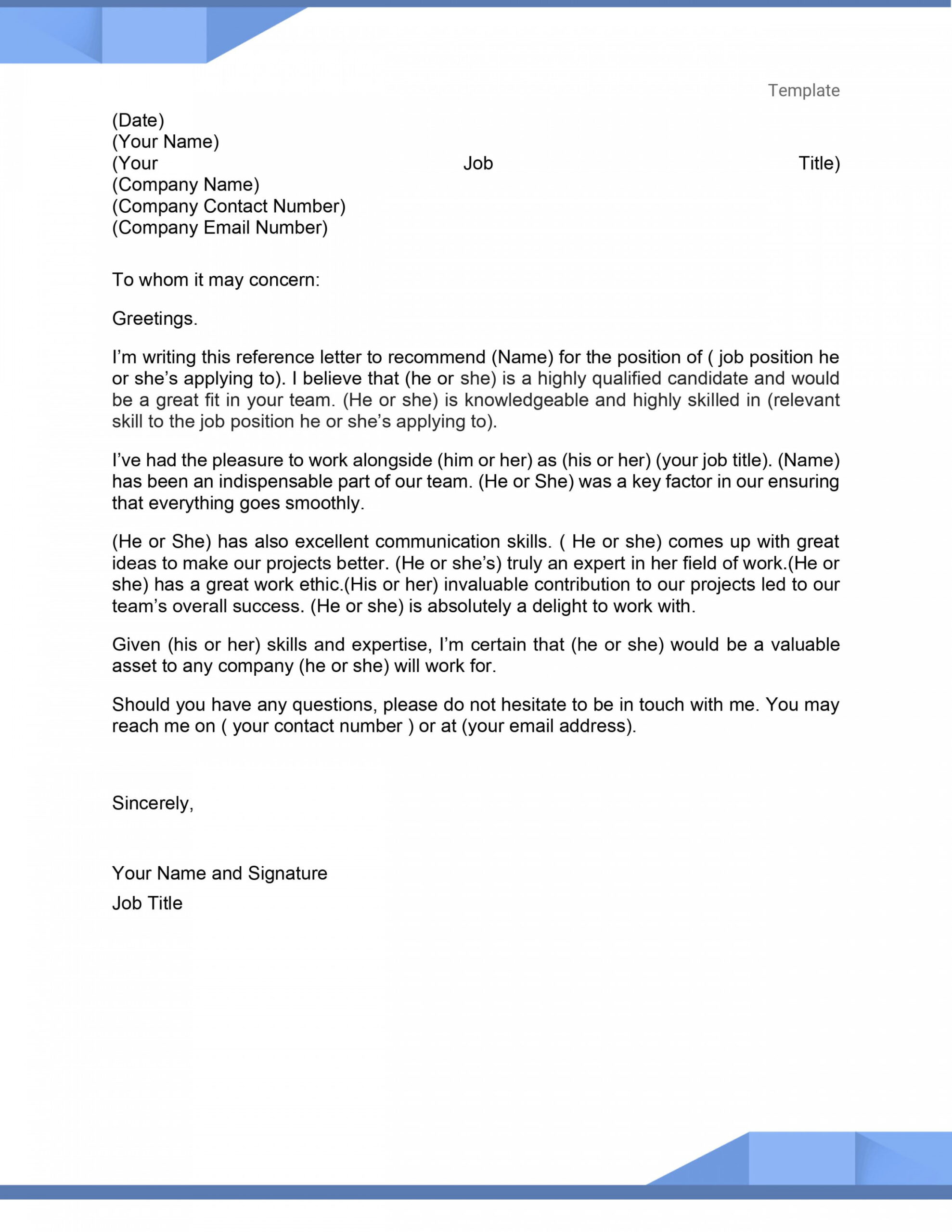 Employee Reference Letter Template