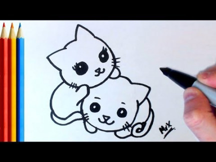 (fast-version) How to Draw Two Cats (VERY Simple) - Step by Step Tutorial