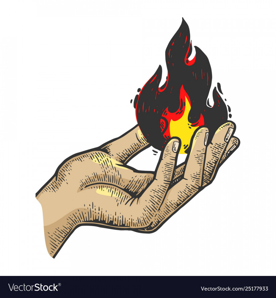 Fire in hand color sketch engraving Royalty Free Vector