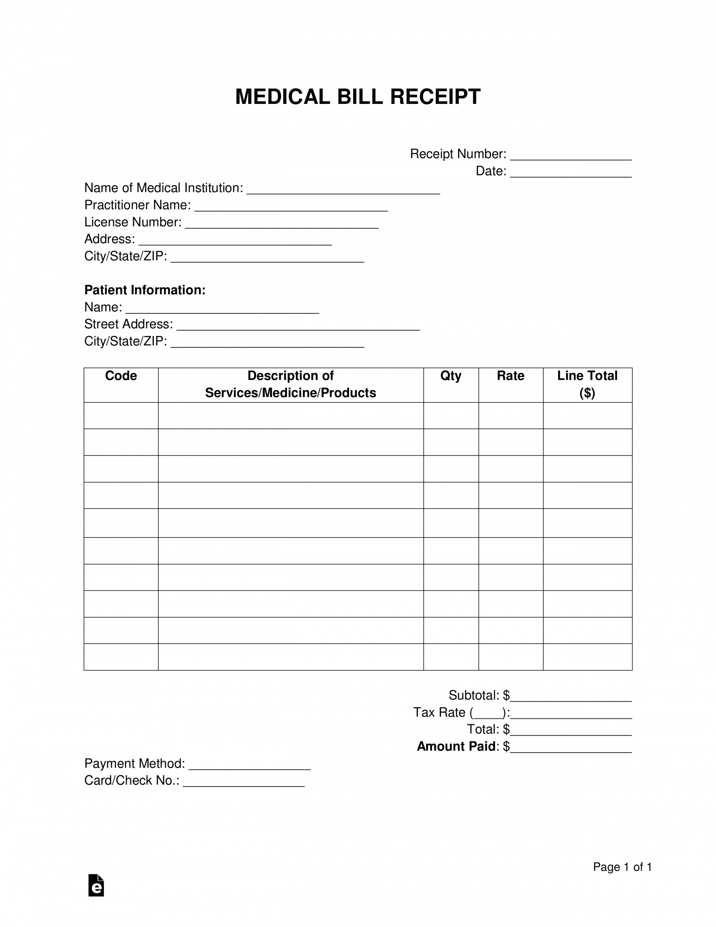 Free Medical Bill Receipt Template - PDF  Word – eForms