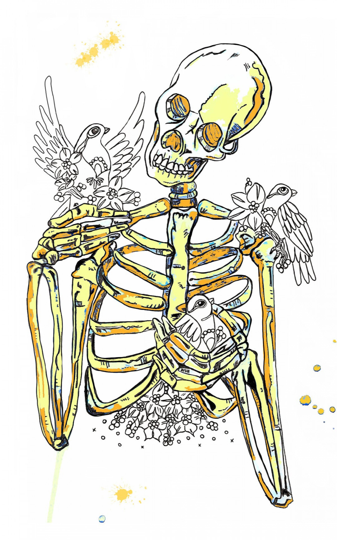 FREEDOM Yellow Skeleton & Dove A Art Print and Pin Badge