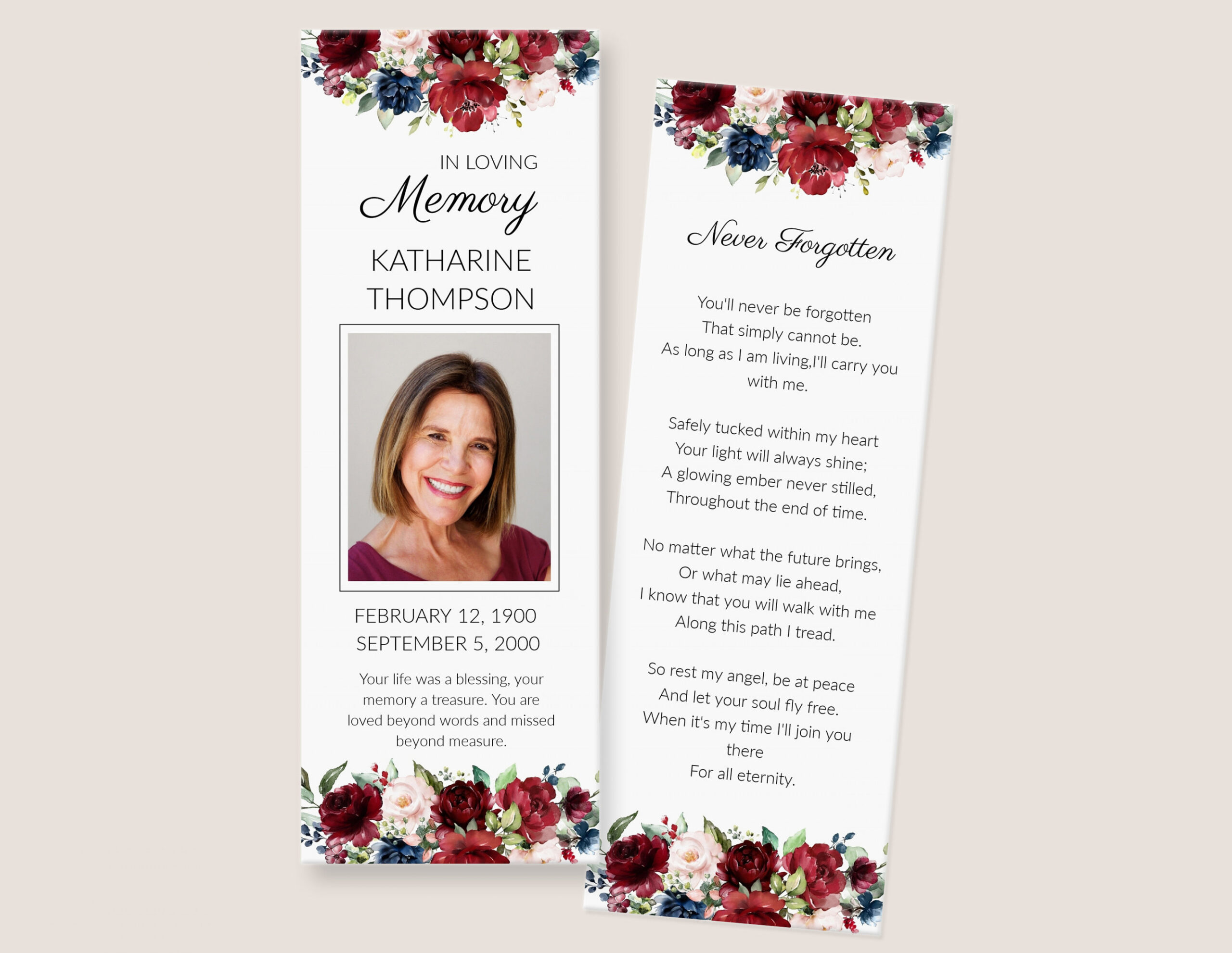 Funeral Bookmark Template Memorial Bookmark With Red - Etsy